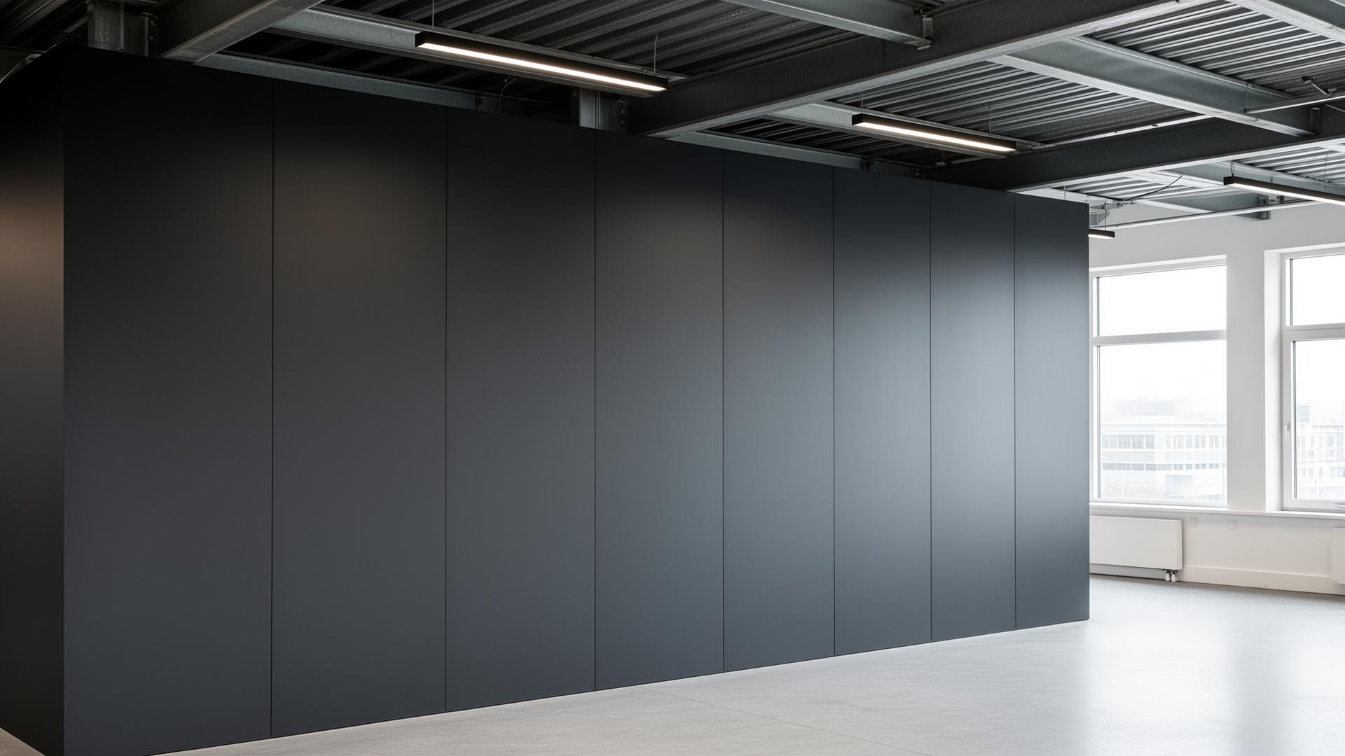 Modern commercial interior with sprayed charcoal panels