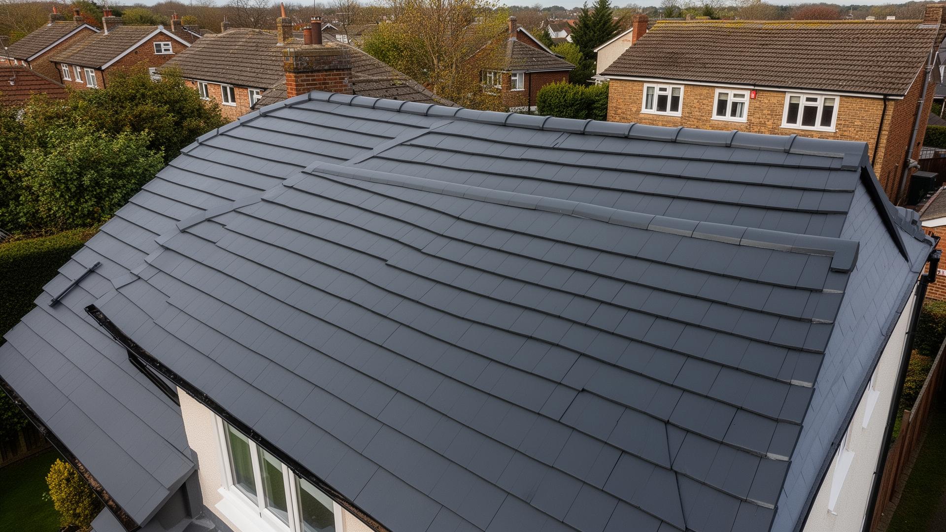 Freshly resprayed slate-grey tiled roof